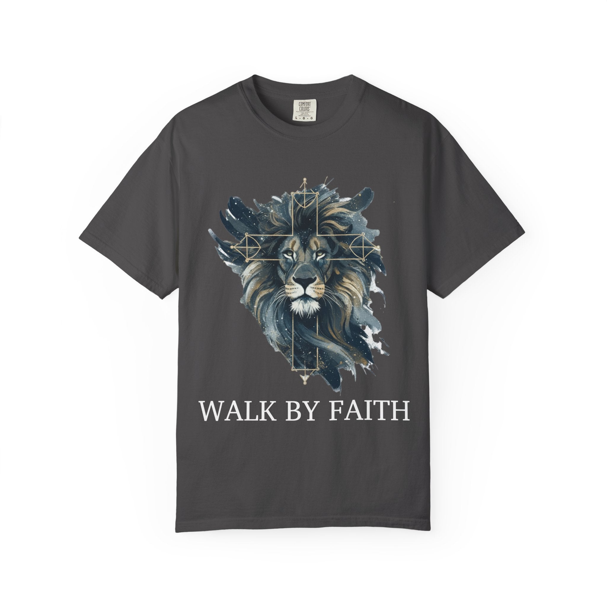 Faith-Inspired Lion Graphic Tee, Inspirational Christian T-Shirt, Unisex Walk by Faith Shirt, Biblical Quote Apparel, Gift for Believers