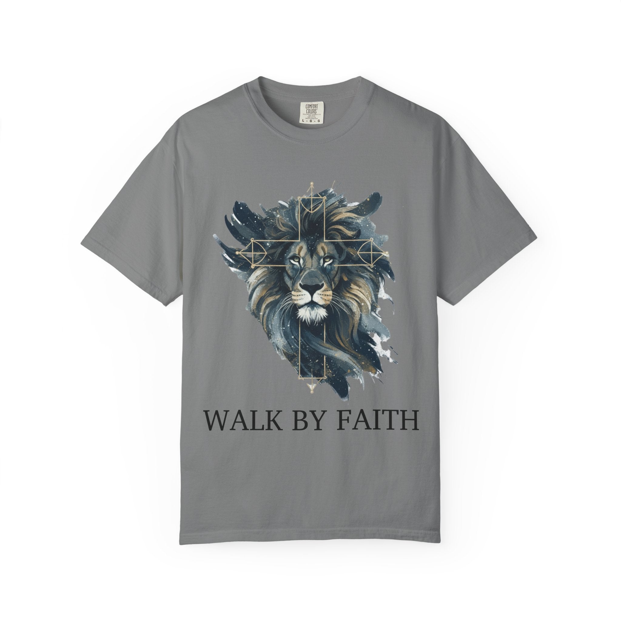 Faith-Inspired Lion Graphic Tee, Inspirational Christian T-Shirt, Unisex Walk by Faith Shirt, Biblical Quote Apparel, Gift for Believers