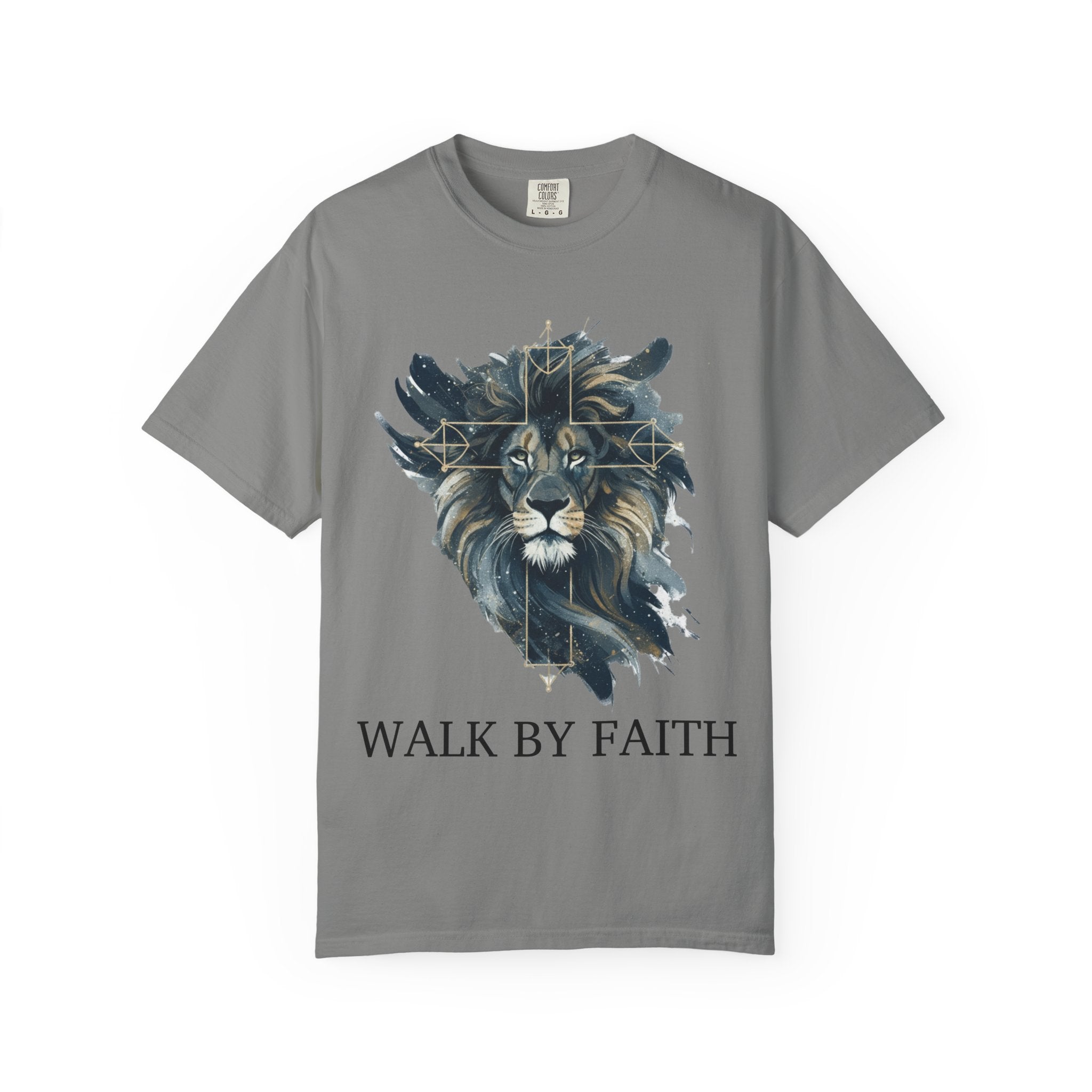 Faith-Inspired Lion Graphic Tee, Inspirational Christian T-Shirt, Unisex Walk by Faith Shirt, Biblical Quote Apparel, Gift for Believers