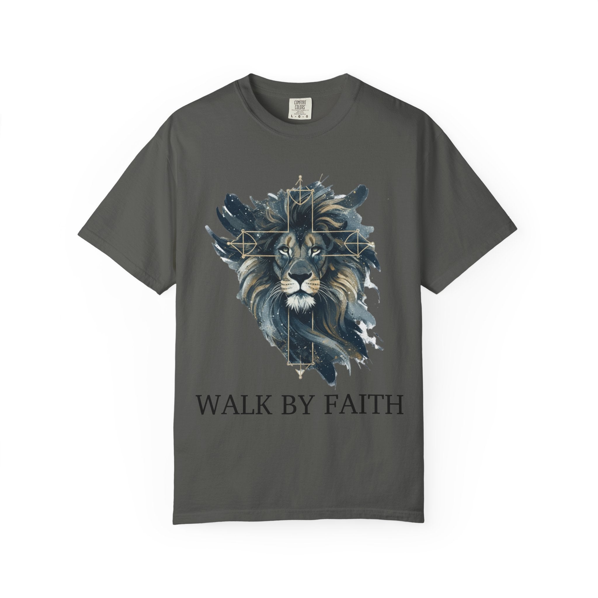 Faith-Inspired Lion Graphic Tee, Inspirational Christian T-Shirt, Unisex Walk by Faith Shirt, Biblical Quote Apparel, Gift for Believers