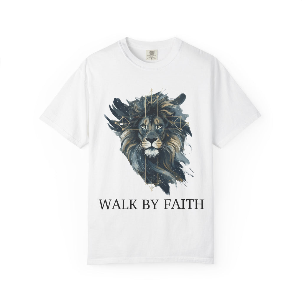 Faith-Inspired Lion Graphic Tee, Inspirational Christian T-Shirt, Unisex Walk by Faith Shirt, Biblical Quote Apparel, Gift for Believers